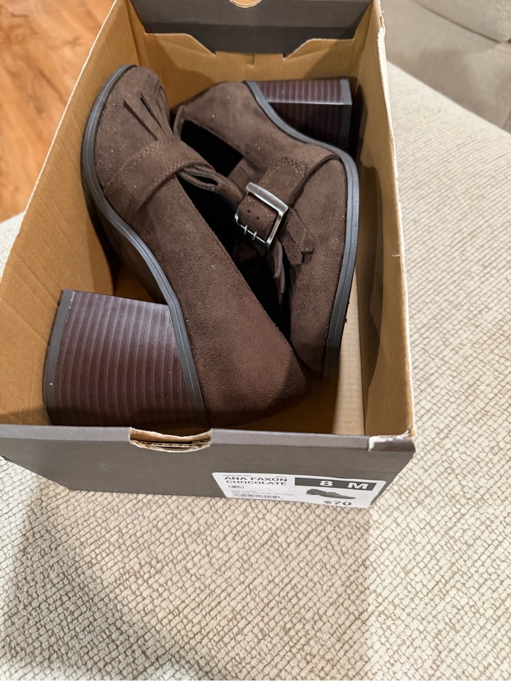 Anna Dark Brown Suede Block Heel Loafers with Buckle